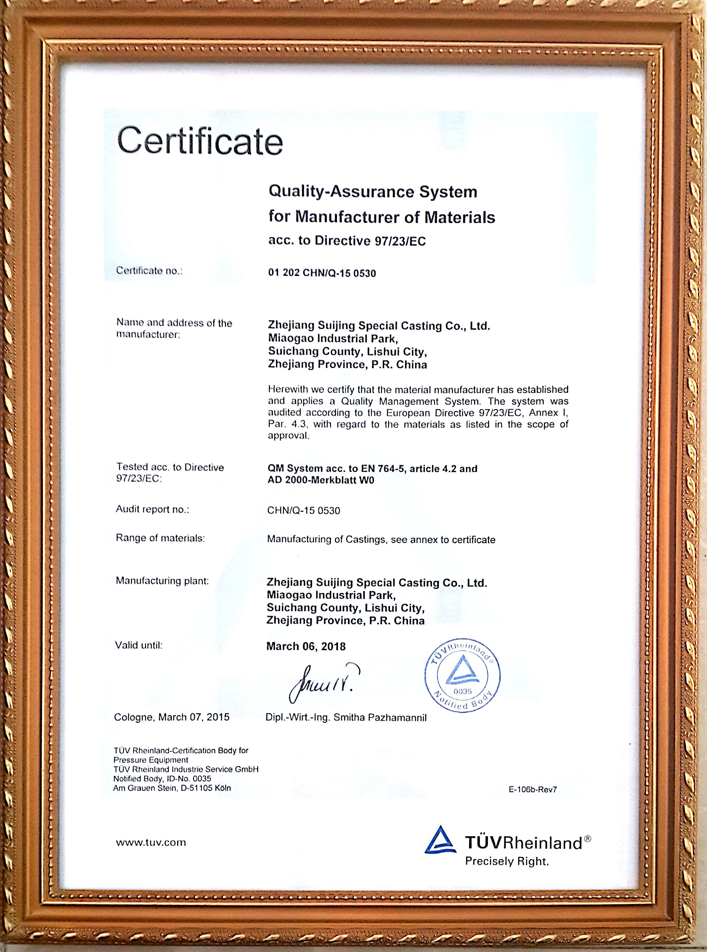La CINA Ningbo Suijin Machinery Technology Co.,Ltd Certificazioni